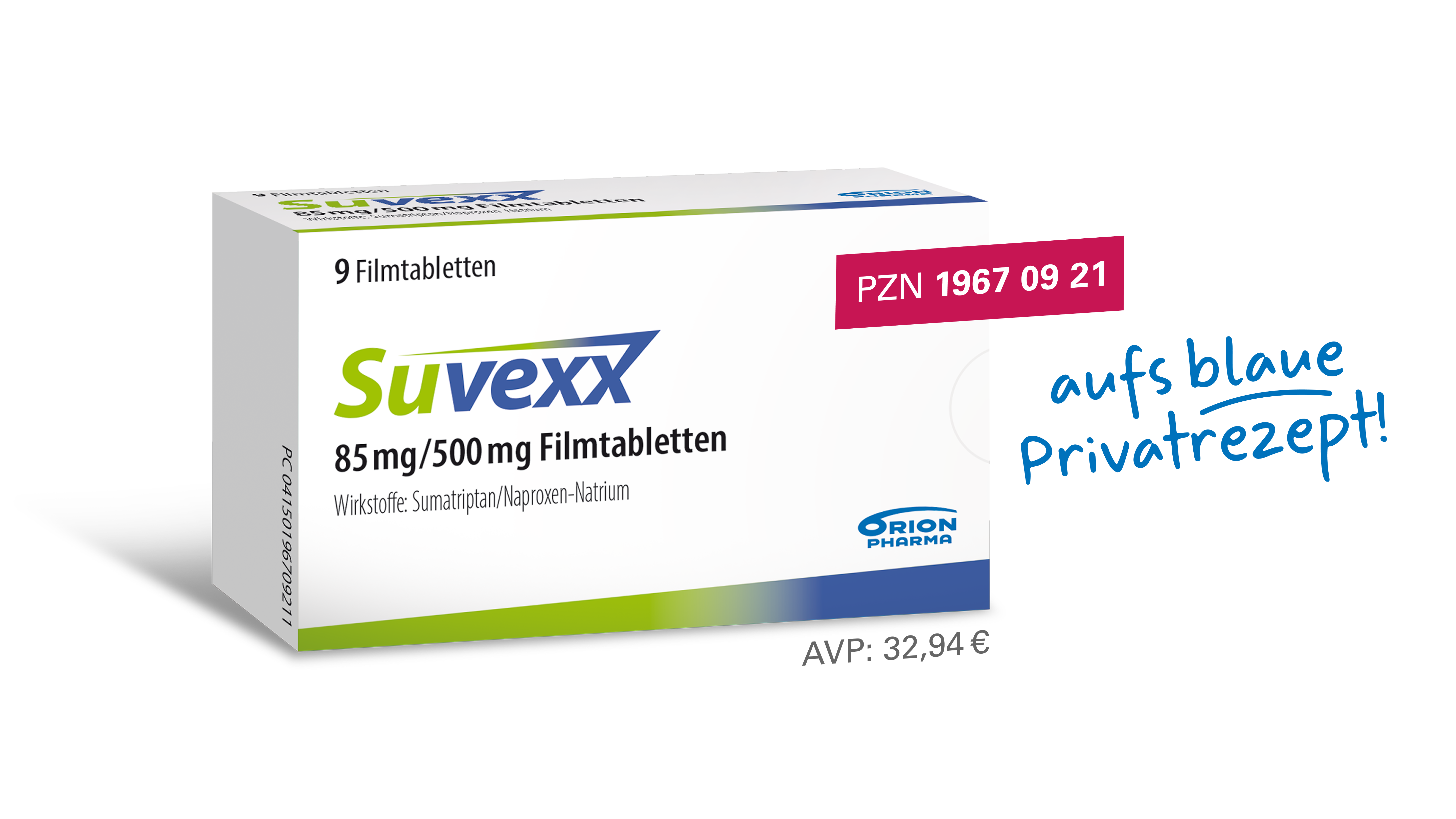 Abbildung der Suvexx-Packung mit 9 Filmtabletten. Aufdruck: Suvexx 85 mg / 500 mg Filmtabletten. Wirkstoffe: Sumatriptan und Naproxen-Natrium. In der rechten oberen Ecke steht die PZN 1967 09 21 auf einem pinken Hintergrund. Rechts daneben handschriftlich in Blau: &sbquo;aufs blaue Privatrezept!&lsquo;. Unten rechts ist der Apothekenverkaufspreis angegeben: 32,94 Euro. Herstellerlogo Orion Pharma sichtbar.